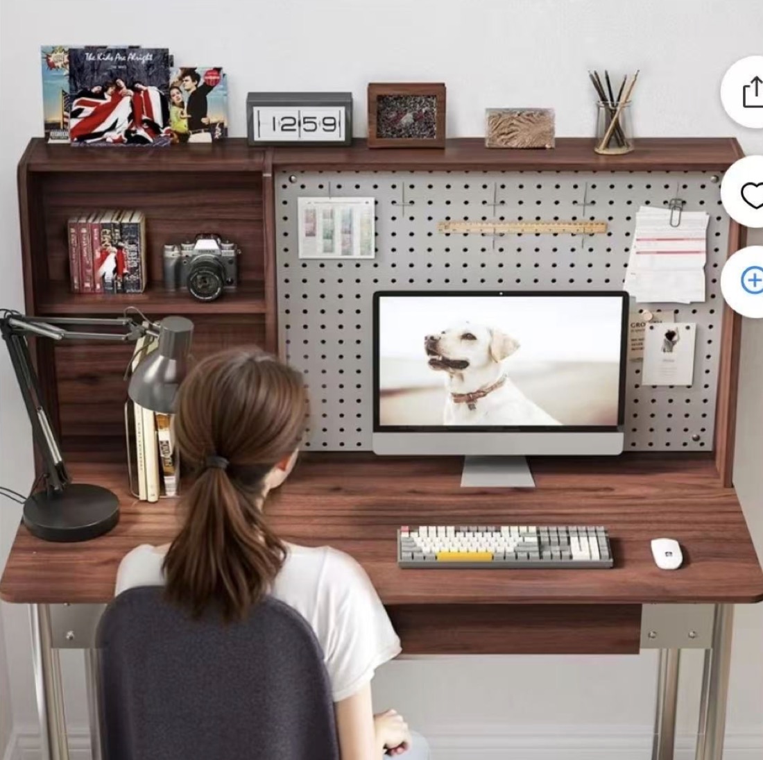 47-inch walnut writing desk with hutch, pegboard and two drawers