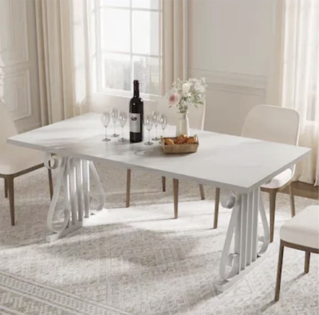 Rectangular faux-marble dining table that seats six to eight